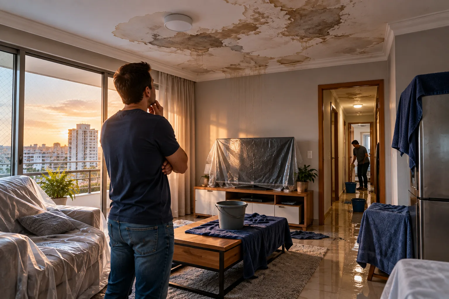 Morador observa danos por infiltração em apartamento alugado protegido por seguro residencial